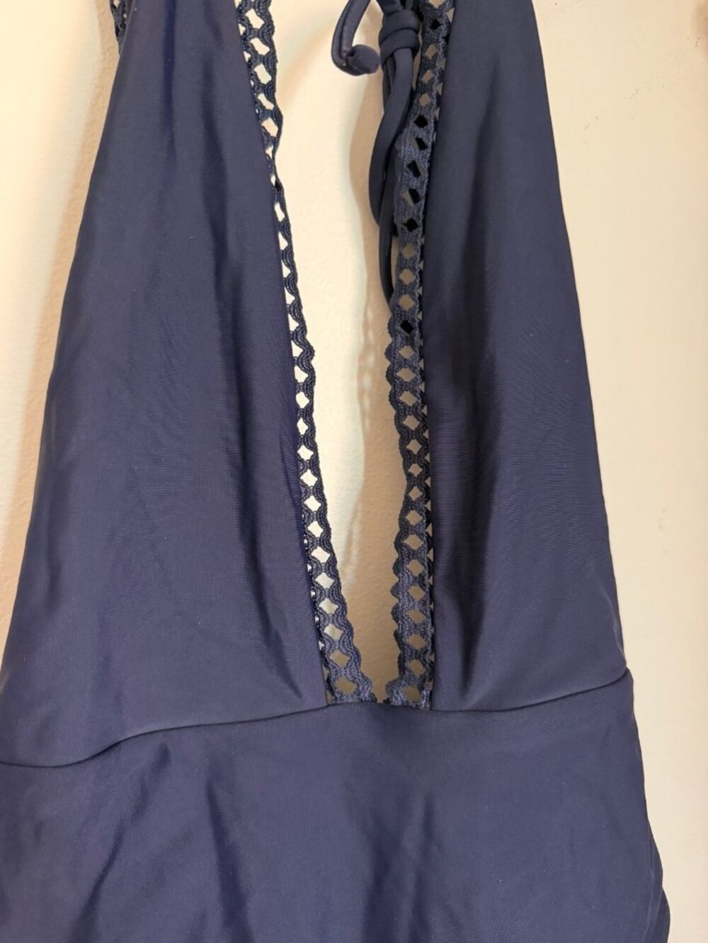Aerie One Piece Swimsuit Small Blue Plunge Halter Crochet Trim - Picture 6 of 8